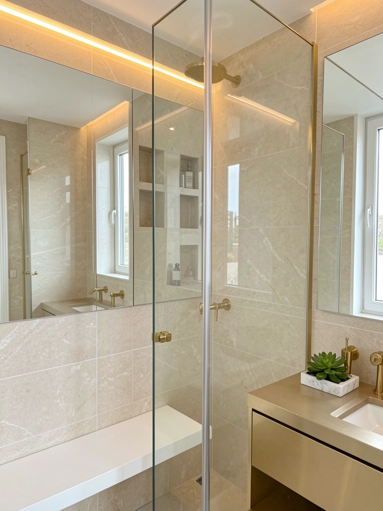 Box de vidro sem moldura reflete dois espelhos grandes em banheiro com azulejos bege claros, fita de LED dourada e bancada branca com suculenta verde.