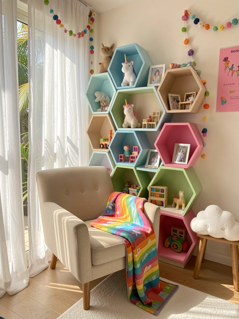Luz natural filtra por cortinas brancas sobre poltrona bege estofada com manta arco-íris, estante hexagonal pastel com unicórnio e moldura, nuvem branca em mesa de madeira.