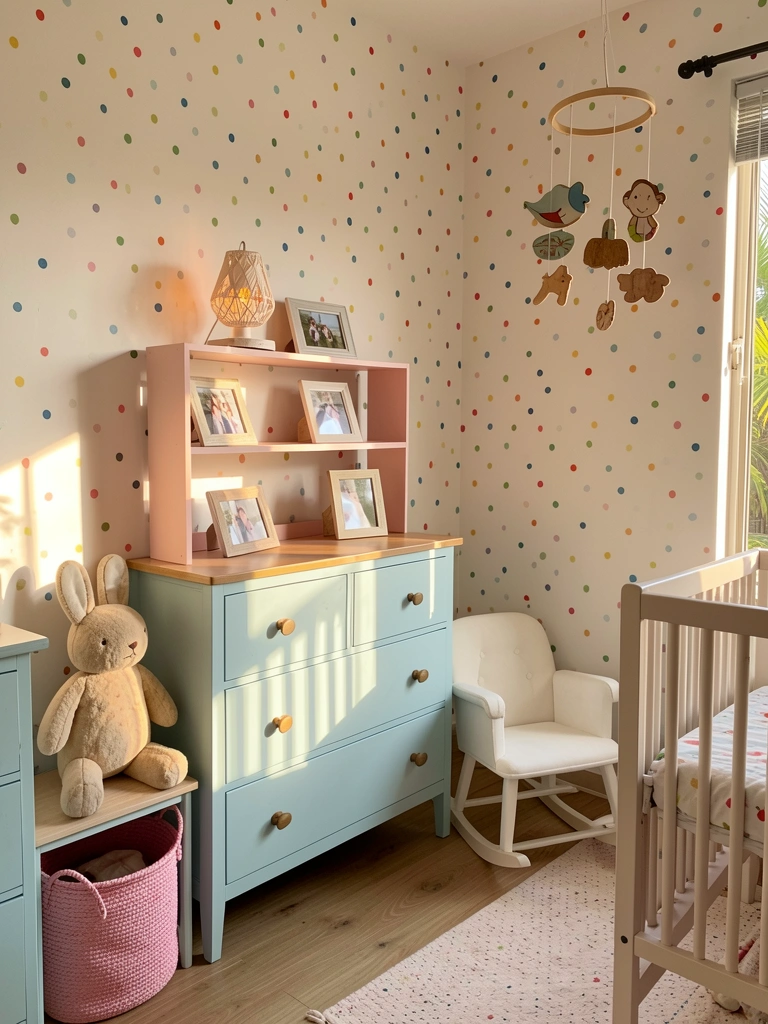 Cômoda azul clara com gavetas de madeira, prateleira rosa com moldura e luminária, cadeira de balanço branca e coelho de pelúcia bege sobre mesa lateral.