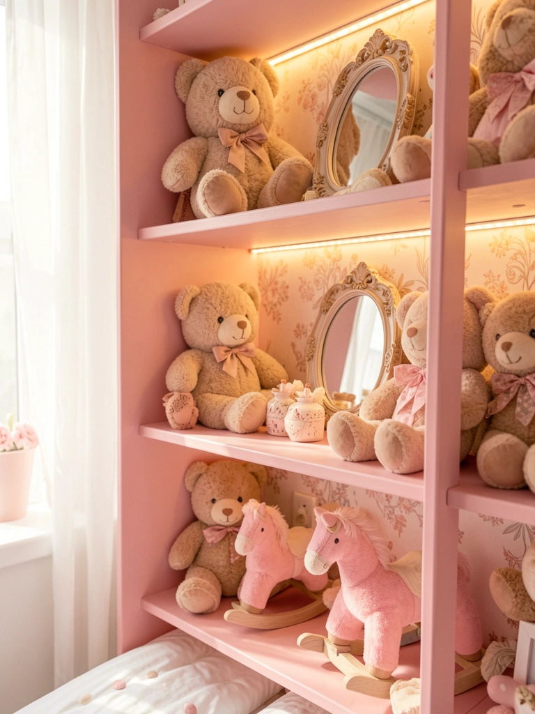 Prateleira rosa com ursinhos de pelúcia e itens decorativos, parede com papel de padrão, luz LED quente e luz natural do dia.