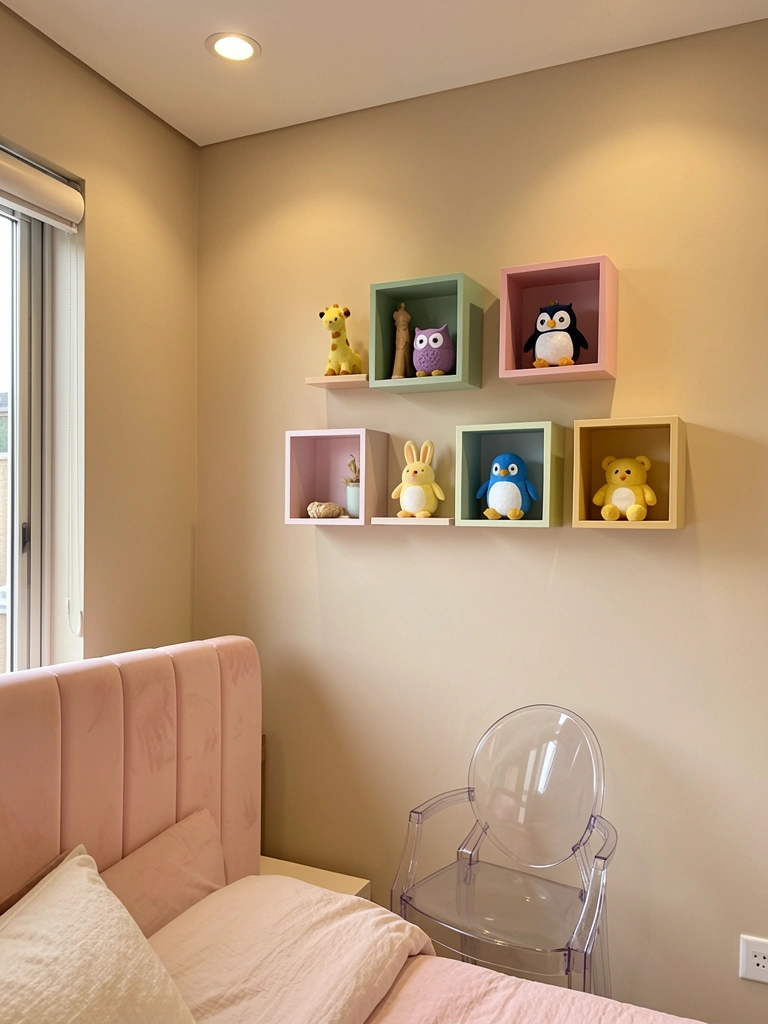 Cabeceira rosa, cadeira acrílica e prateleiras com bichinhos de pelúcia em quarto bege iluminado por luz natural.