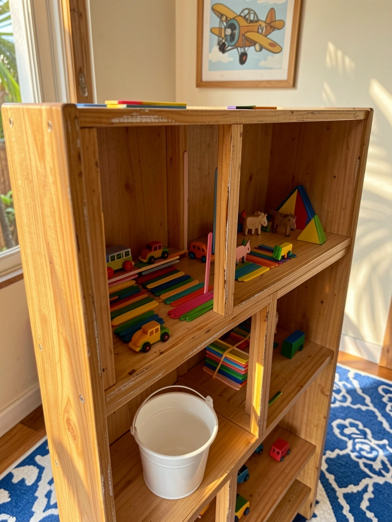 Prateleira infantil de madeira clara com cubos cheios de palitos de picolé coloridos em formas de carros e animais, luz natural e tapete azul e branco ao fundo.