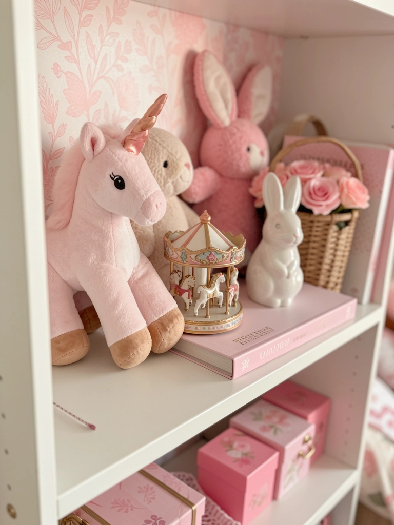 Prateleira branca com pelúcia de unicórnio, coelho rosa, cesta de vime com rosas e livros empilhados, fundo de papel de parede pastel rosa.