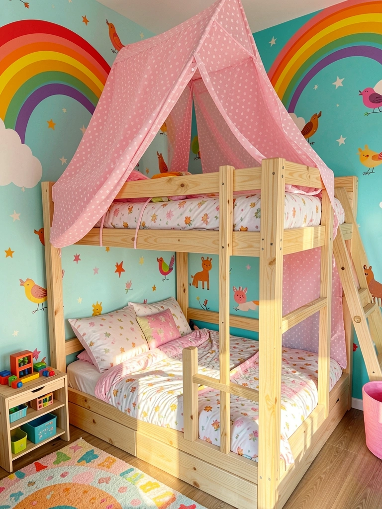 Beliche de três camadas com estrutura de madeira clara e dossel de tecido rosa com bolinhas brancas e estrelas, quarto infantil com mural de arco-íris, pássaros e animais, luz natural.