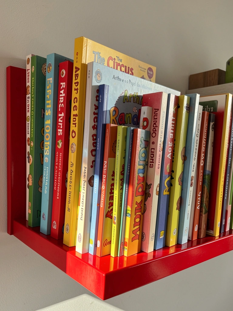 Prateleira vermelha com livros infantis coloridos empilhados, luz natural e parede cinza claro.