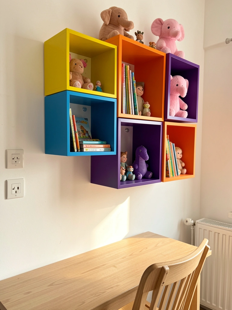 Estante modular colorida com cubos amarelo, azul, laranja e roxo, livros infantis, ursinho rosa e dinossauro roxo, mesa de madeira clara e cadeira minimalista, luz natural.