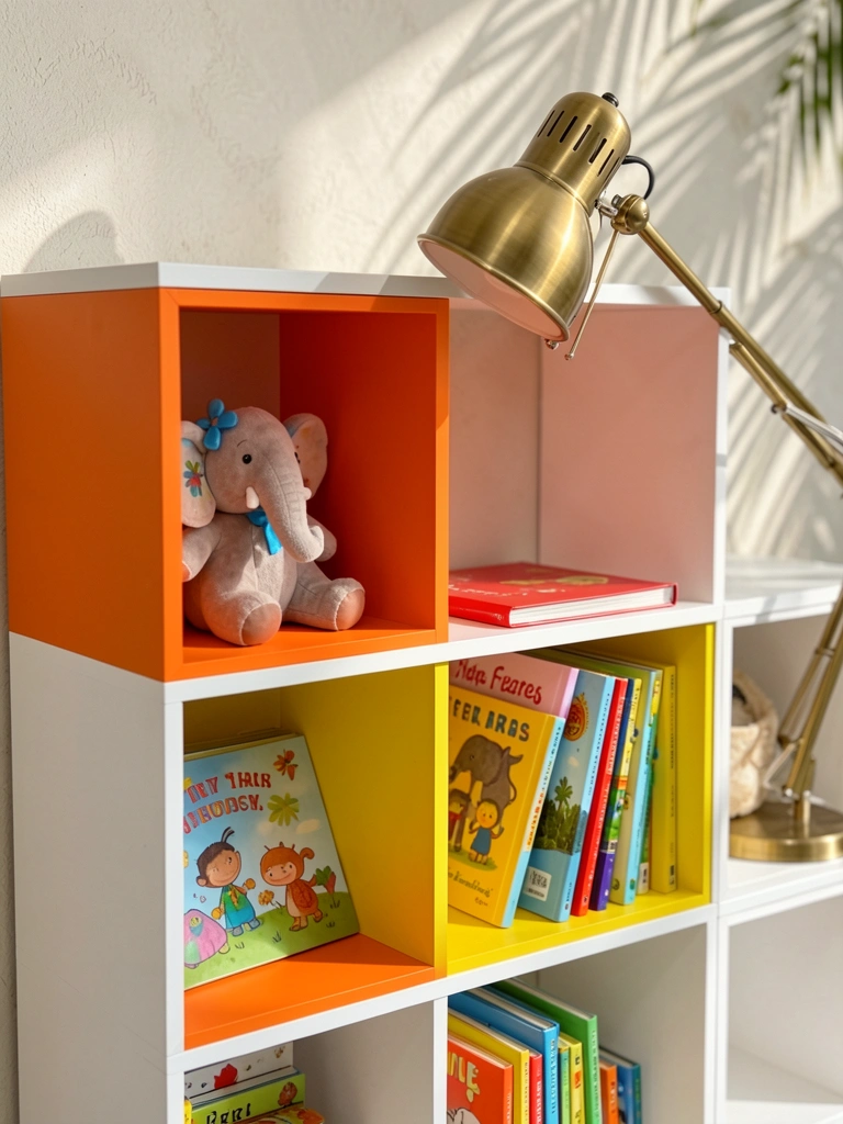 Prateleira branca com divisórias laranja e amarela, livros infantis coloridos, elefante de pelúcia com laço azul e luminária de latão acesa.