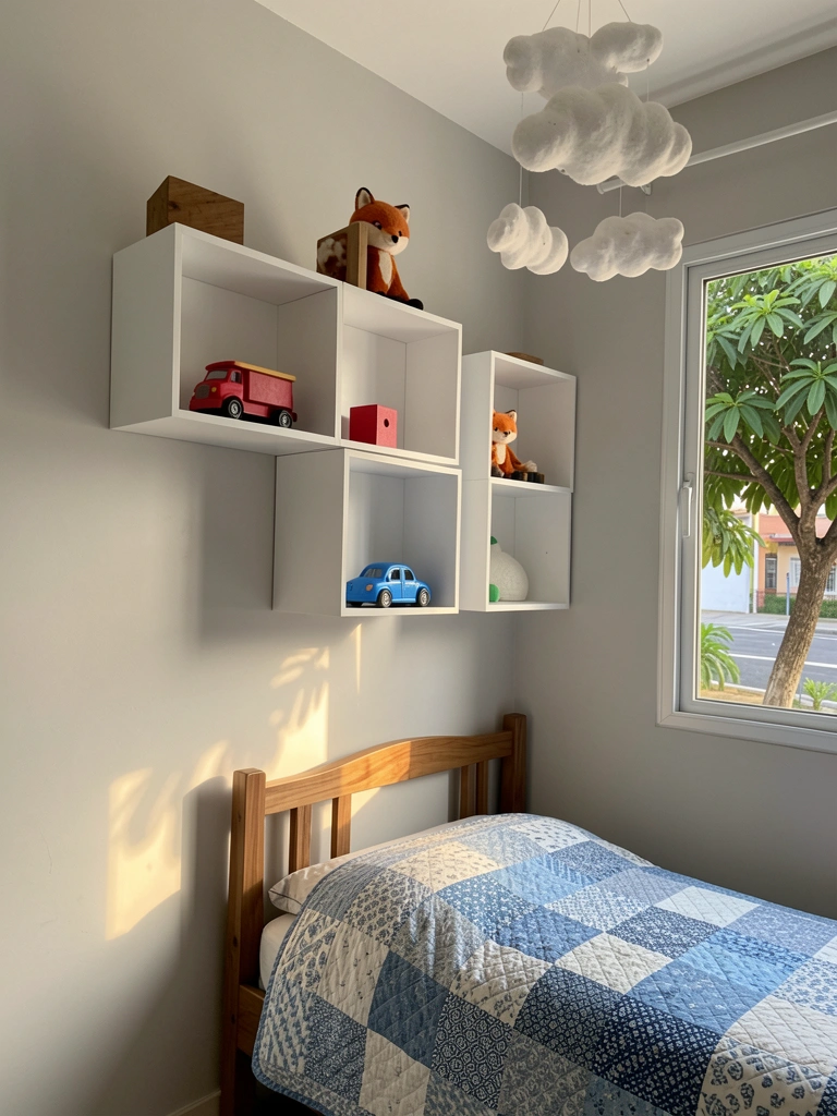 Três prateleiras cúbicas brancas em parede cinza claro com caminhão vermelho, bloco de madeira, carro azul e raposa de pelúcia; cama de madeira com colcha azul e branca, nuvem decorativa pendurada e janela com vista verde.