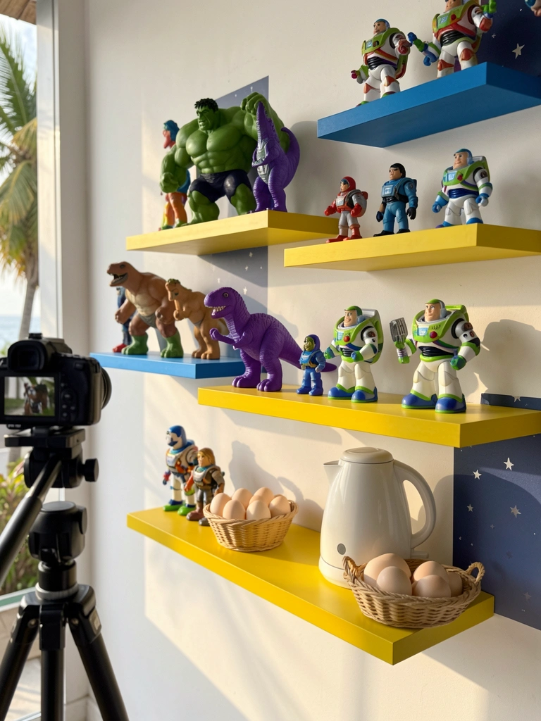 Prateleiras amarelas e azuis com bonecos Hulk, Buzz Lightyear e dinossauro roxo sobre papel de parede estrelado, luz suave de softbox.