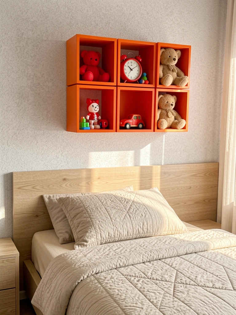 Luz natural incide sobre cama bege clara com colcha acolchoada, prateleiras laranja com ursinho e brinquedos vermelhos em parede texturizada cinza.