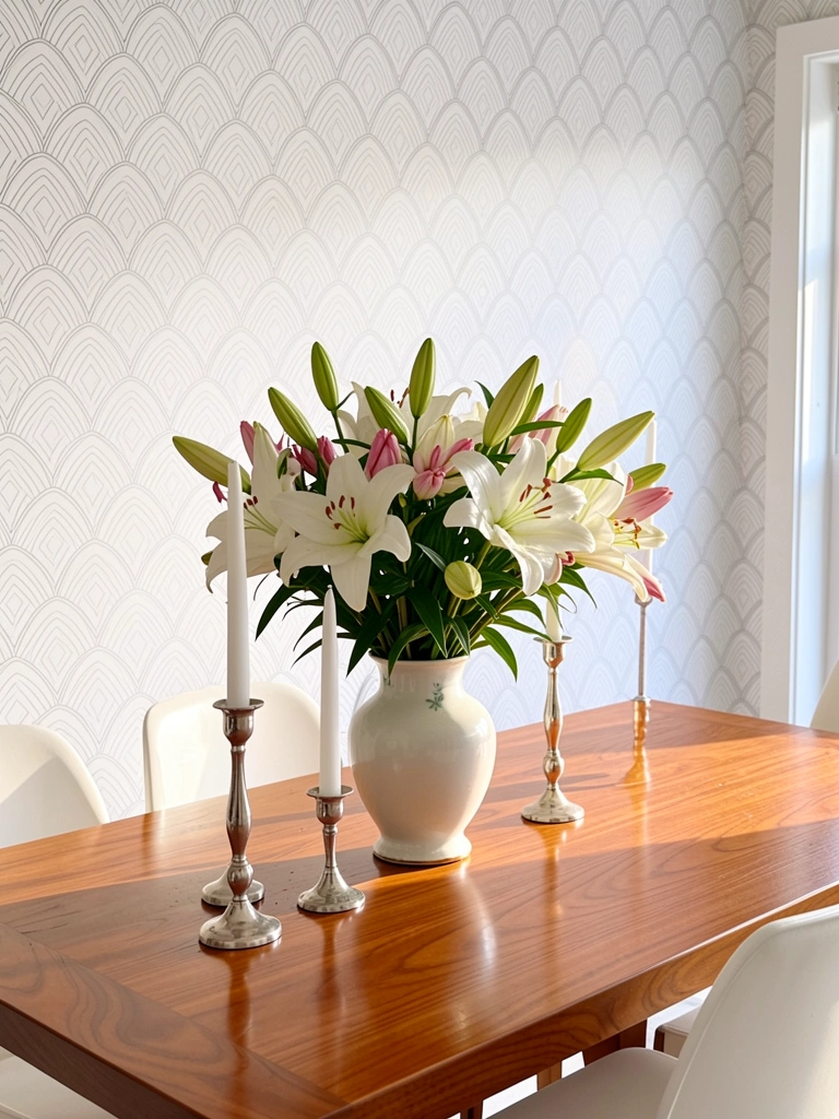 Vaso de porcelana com lírios brancos e botões rosa sobre mesa de madeira polida, papel de parede com padrão ondulado cinza claro e cadeiras brancas ao fundo, luz natural do dia.