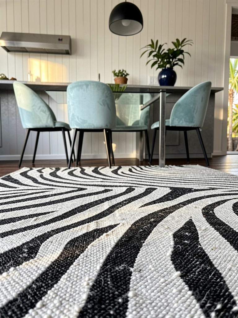 Tapete cinza claro com listras zebra preto e branco sobre piso de madeira escura, mesa de vidro com cadeiras azul-claras e luminária preta pendente.