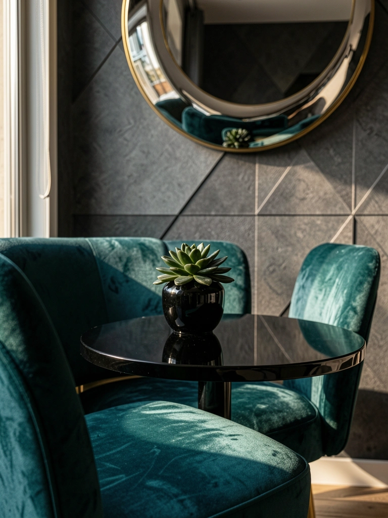 Poltrona de veludo azul-petróleo com textura brilhante, mesa preta com vaso e suculenta, espelho crescente dourado refletindo o ambiente, parede geométrica cinza.