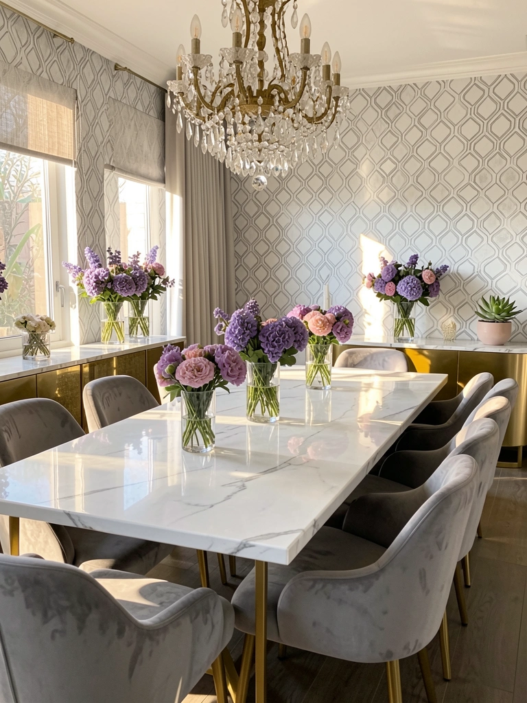 Luz natural incide sobre mesa de mármore branco com pés dourados e cadeiras estofadas cinza, lustre de cristal e vasos de flores roxas e rosas.