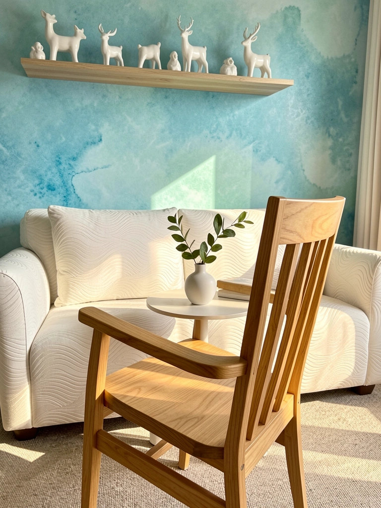 Cadeira de madeira clara de encosto alto diante de sofá branco estofado, mesa redonda com vaso e folhas verdes, parede texturizada azul-turquesa, luz natural.