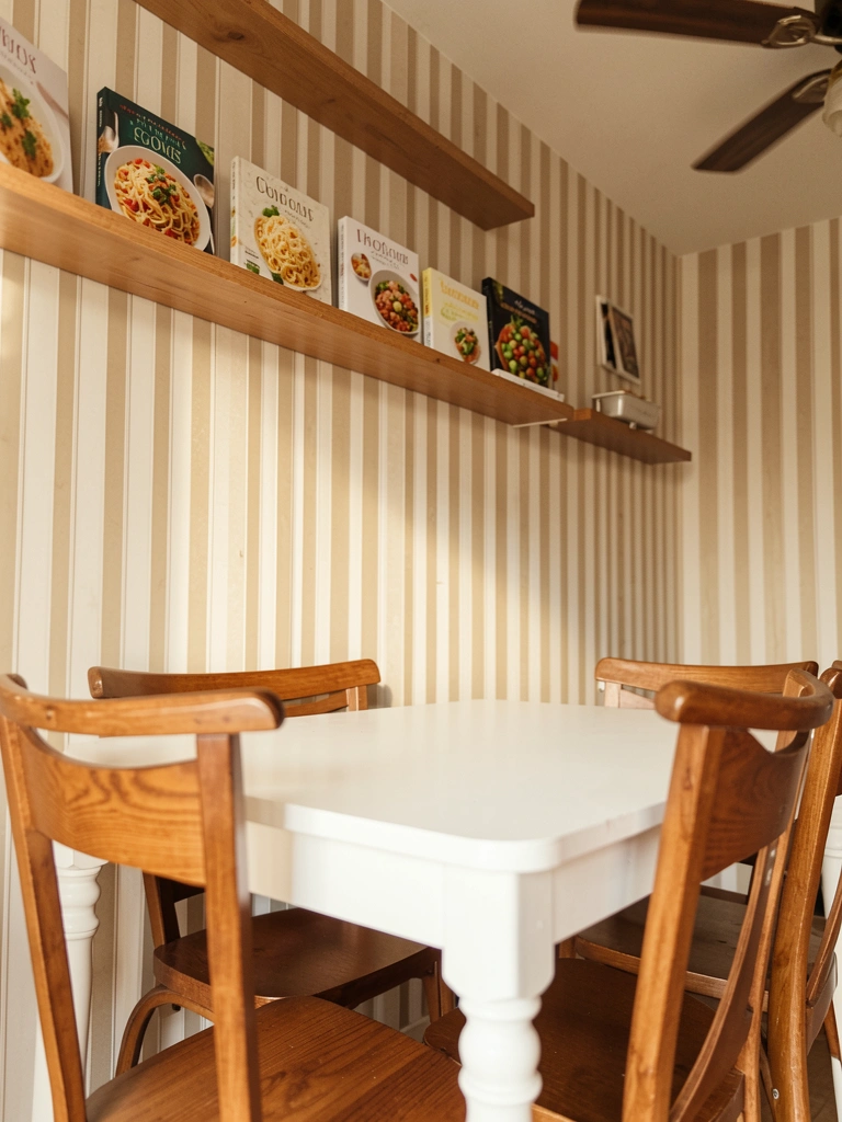 Mesa branca com cadeiras de madeira, livros de culinária em prateleiras abertas, parede listrada bege e branca, luz natural quente e ventilador de teto ao fundo.
