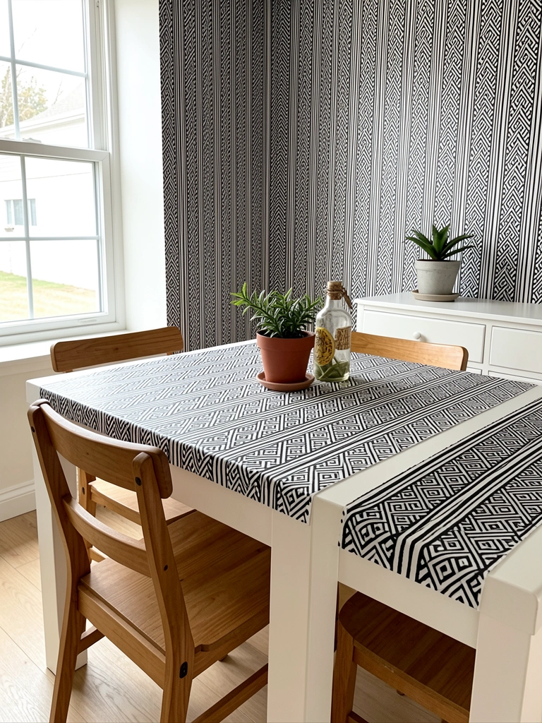 Mesa branca com cadeiras de madeira, papel de parede geométrico preto e branco aplicado verticalmente, vaso e garrafa decorativa, luz natural de janela, aparador branco ao fundo.
