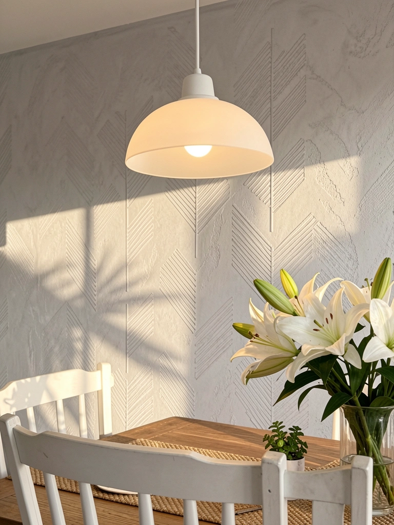 Luminária pendente de cerâmica branca com vidro fosco sobre mesa de madeira com cadeira pintada de branco, vaso de lírios brancos e parede cinza texturizada com padrão geométrico.