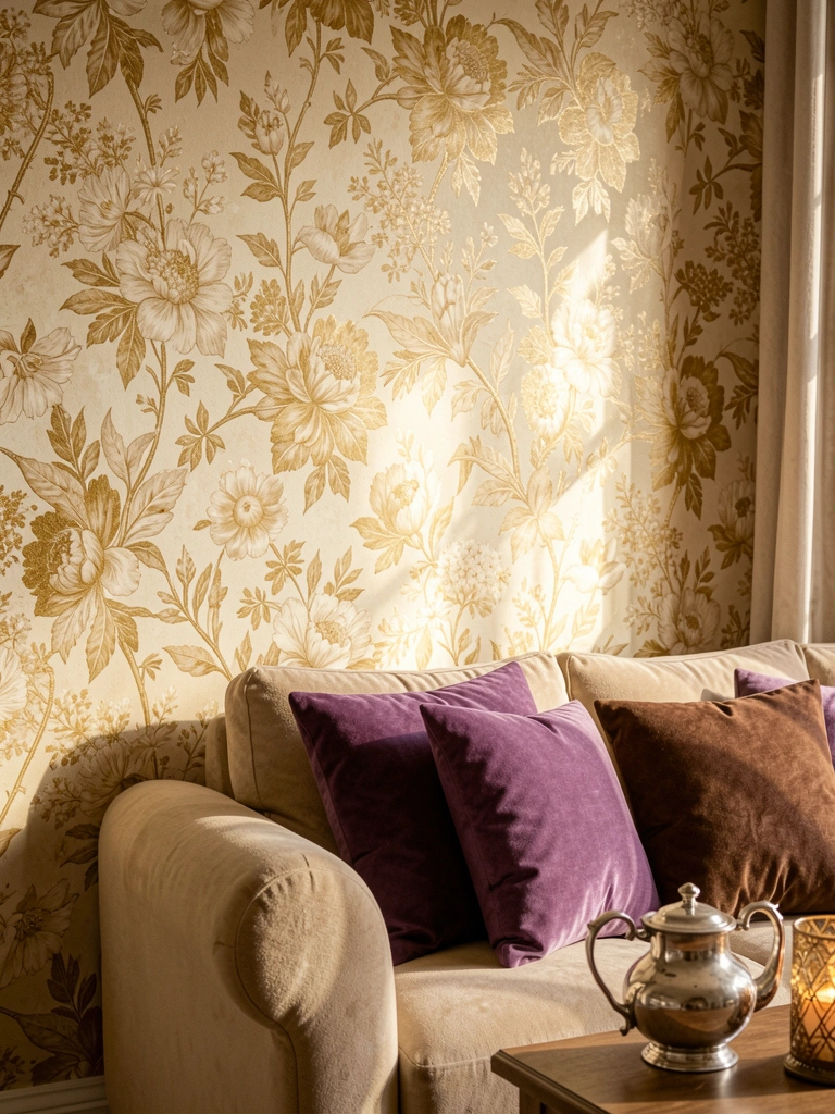 Papel de parede floral em tons de dourado, bege e creme, com sofá bege e almofadas roxas ao fundo, luz natural entrando pela janela.