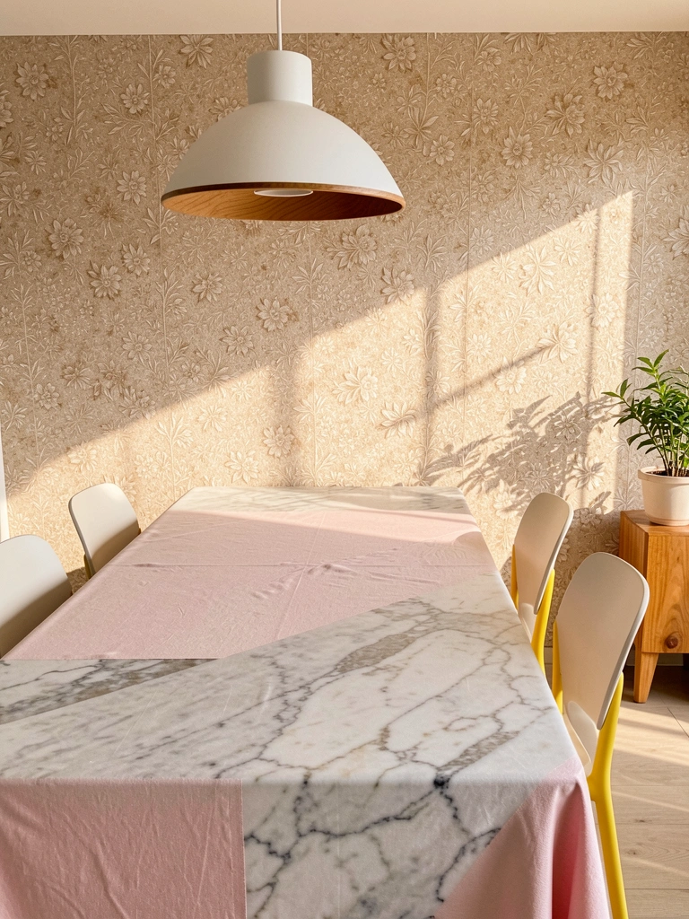 Mesa de jantar retangular de mármore com toalha rosa-claro, cercada por seis cadeiras claras com detalhes amarelos, sob luminária pendente branca de cúpula de madeira.