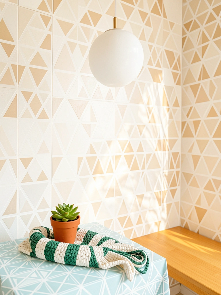Luminária pendente de cúpula redonda branca sobre mesa estampada azul e branca com suculenta em vaso de terracota e rolo decorativo de vime, parede geométrica em bege e branco.