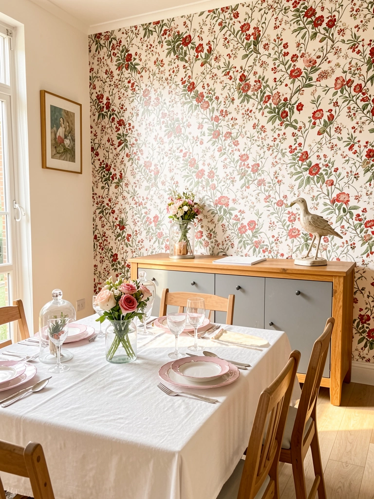Papeis de parede florais vermelhos e verdes atrás de aparador de madeira com gavetas cinza, mesa posta com pratos rosa e campânulas de vidro.