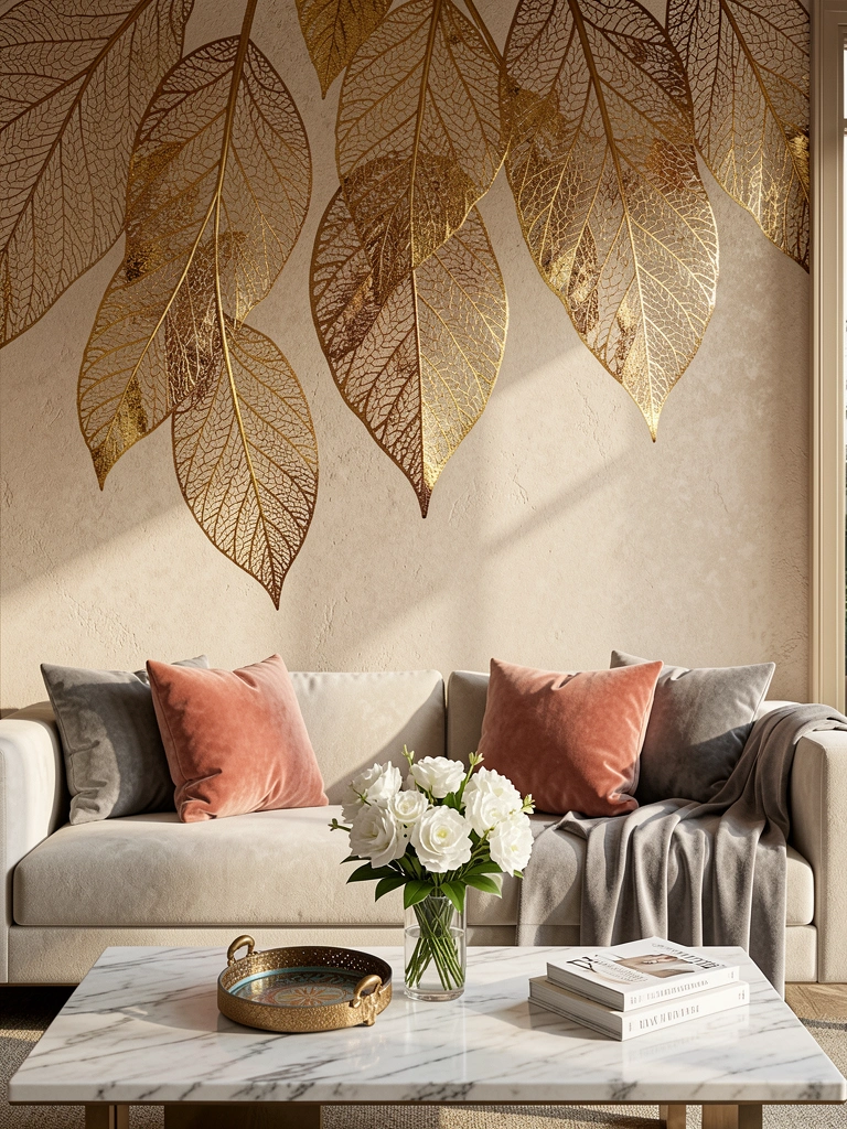 Parede bege texturizada com murais de folhas douradas e marrons penduradas, sofá claro com almofadas cinza e coral, mesa de mármore com buquê de flores brancas e revistas.