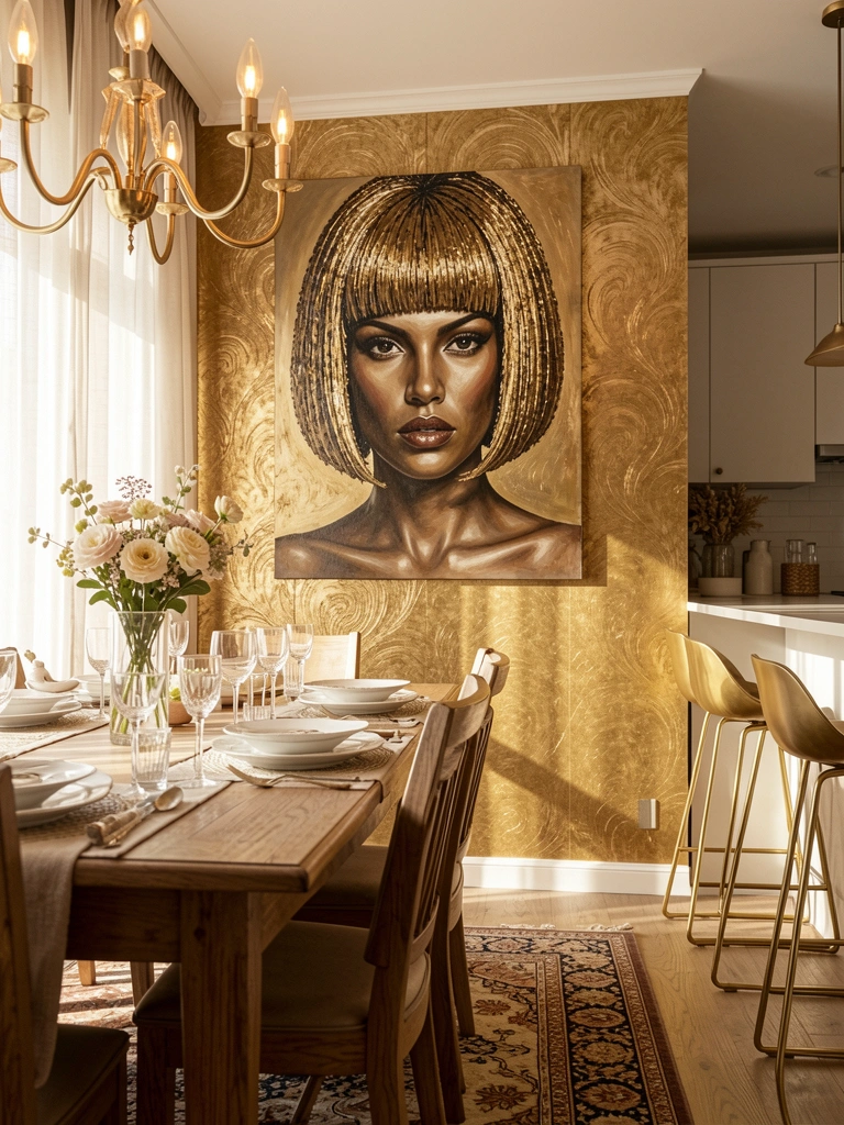 Papel de parede metálico dourado texturizado com padrões ondulados, retrato feminino sobre mesa de madeira com arranjo floral em vaso de vidro e lustre de luz quente.