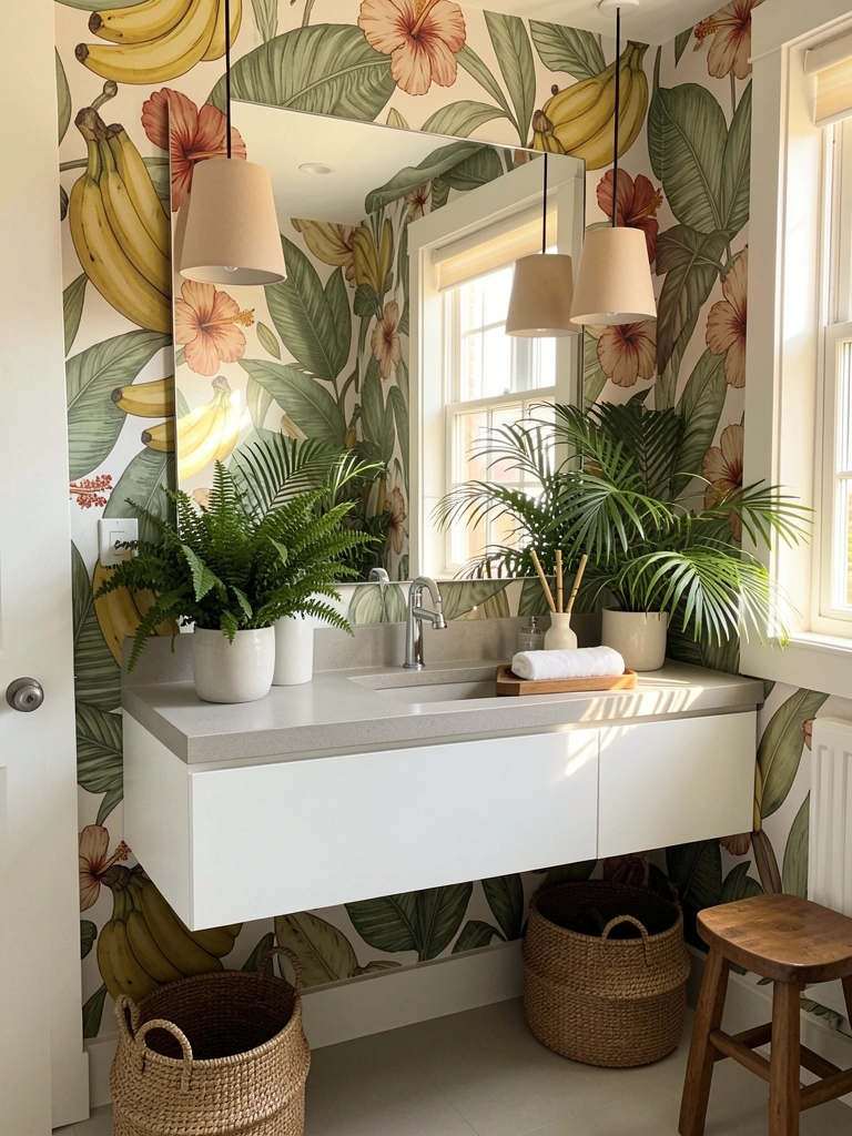 Banheiro branco com espelho refletindo papel de parede de folhas tropicais, bancada flutuante cinza, cesto de vime e plantas verdes.