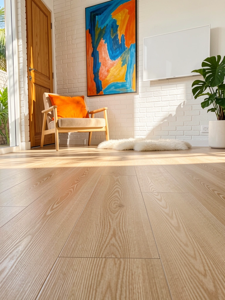 Porcelanato amadeirado claro com textura de madeira natural, parede de tijolos brancos, quadro abstrato azul e laranja, poltrona com almofada laranja e tapete branco felpudo.