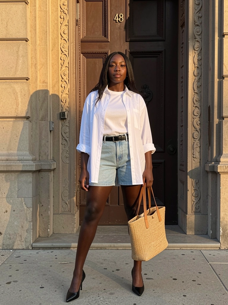 Mulher negra de camisa branca oversized, shorts jeans claro e scarpins pretos, segurando bolsa de palha com alça de couro, em frente a fachada de prédio com porta marrom escura e número 48, luz solar projetando sombras na parede de pedra.