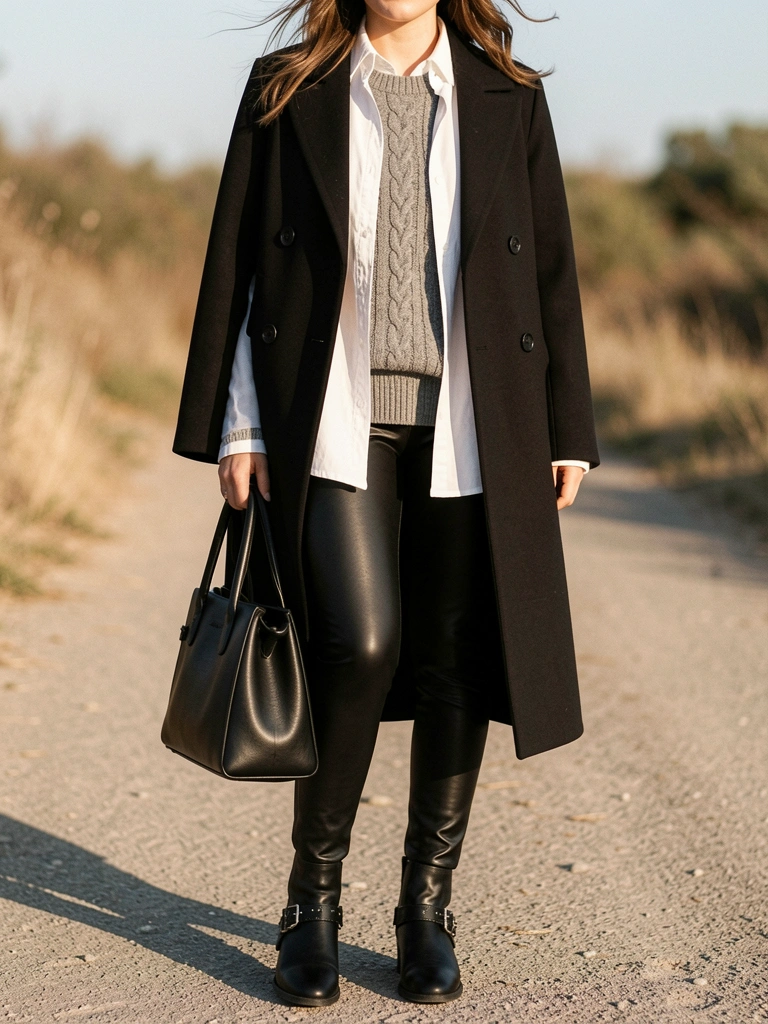 Mulher com casaco preto, suéter cinza, camisa branca, calça de couro preta e botas com fivelas, em luz natural, com foco nas texturas dos tecidos.