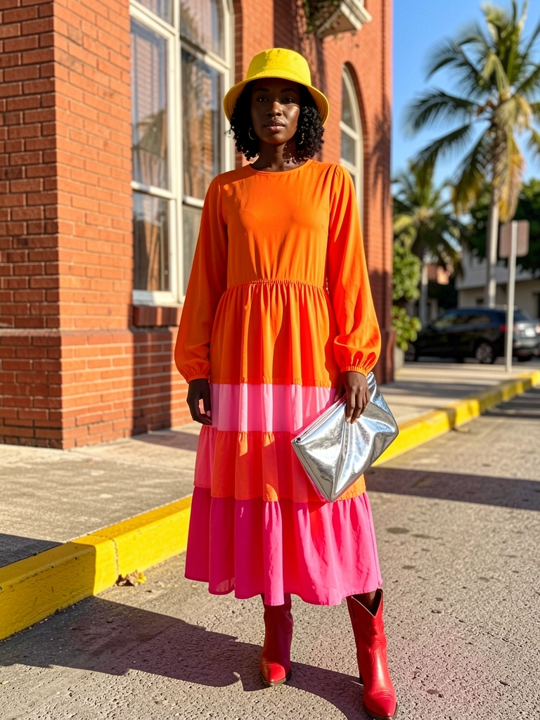 Mulher negra com vestido laranja e rosa, chapéu amarelo e botas vermelhas, segurando bolsa prateada, em rua ensolarada com prédio de tijolos.