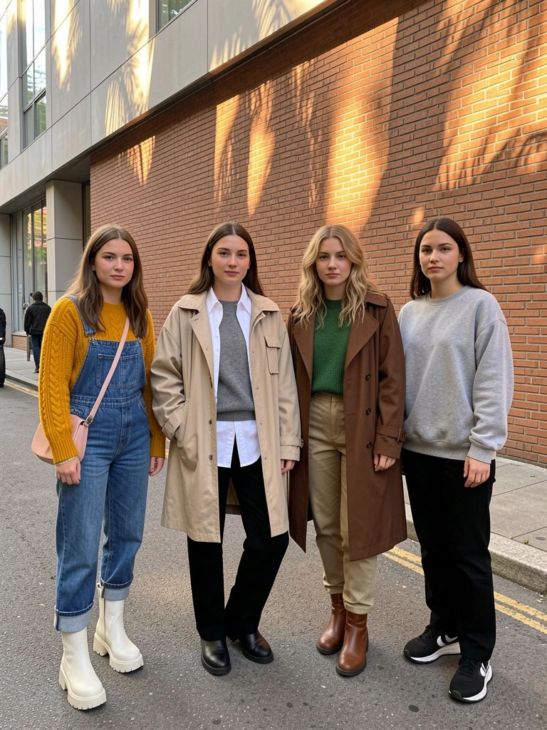 Quatro mulheres em looks variados: suéter mostarda com macacão jeans, jaqueta bege oversized, suéter verde com trench coat, e moletom cinza, em calçada com tijolos e fachada moderna sob luz natural.