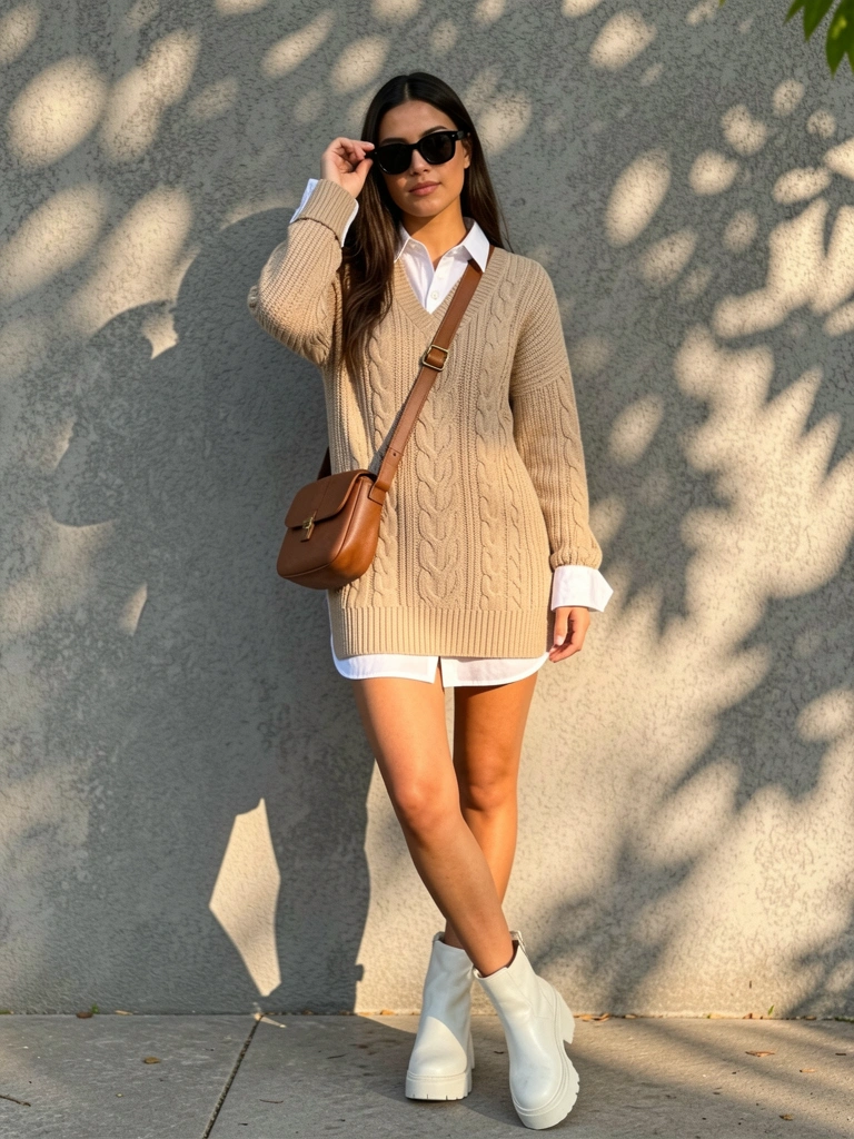 Jovem com vestido de tricô bege e camisa branca, óculos escuros na mão, bolsa marrom e botas brancas, parede de concreto texturizada com luz natural.