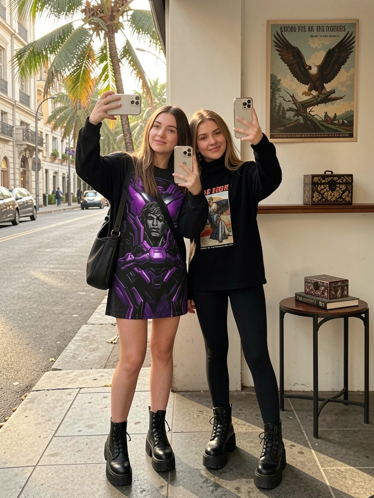 Duas jovens de preto tiram selfies na rua, uma com vestido futurista roxo e preto e coturno, a outra de gola alta e bota plataforma. Luz natural, pôster de águia vintage ao fundo, mesa com caixa e livro.