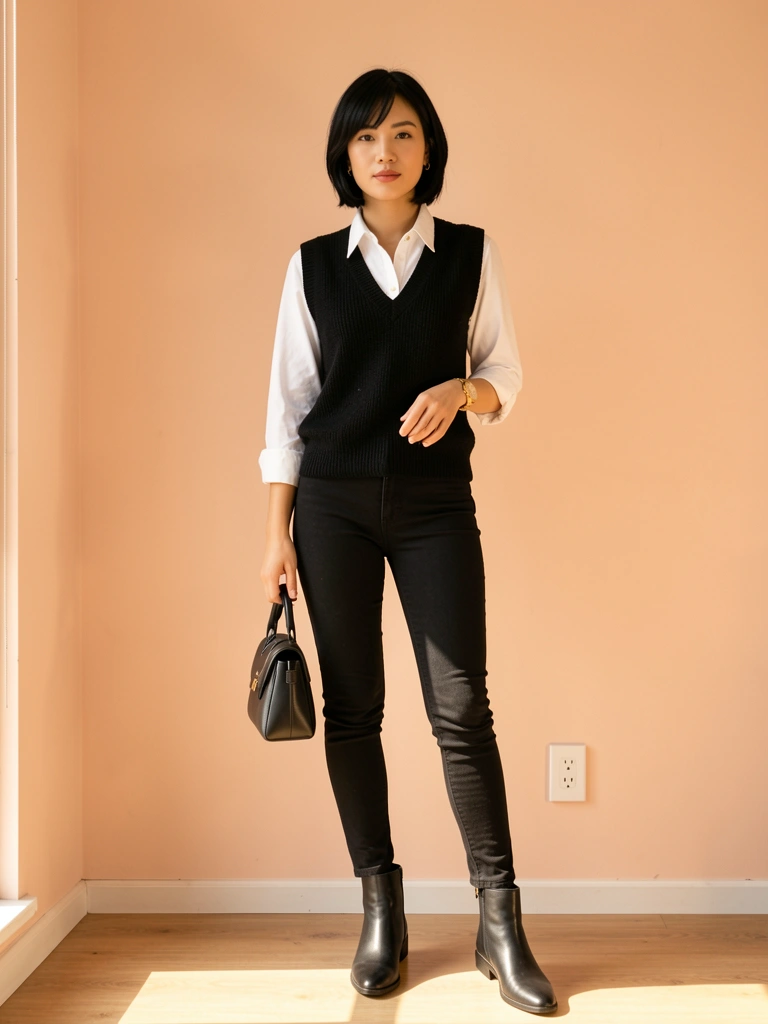 Mulher de cabelo preto curto, colete de tricô preto sobre camisa branca, calça skinny preta e botas, segurando bolsa preta, luz natural, parede pêssego e tomada branca ao fundo.