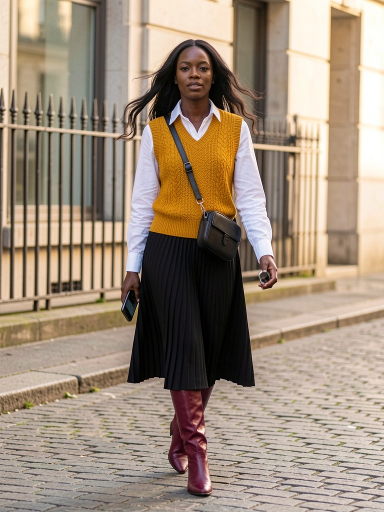 Mulher negra de camisa branca, colete mostarda, saia preta plissada e bota vinho, andando em rua de paralelepípedos com grade de ferro e prédio moderno ao fundo, luz natural.
