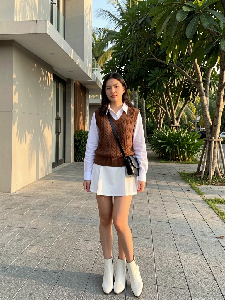 Jovem com suéter marrom de tricô, vestido branco e botas ankle, em calçada cinza texturizada com casa moderna e árvores ao fundo, luz natural.