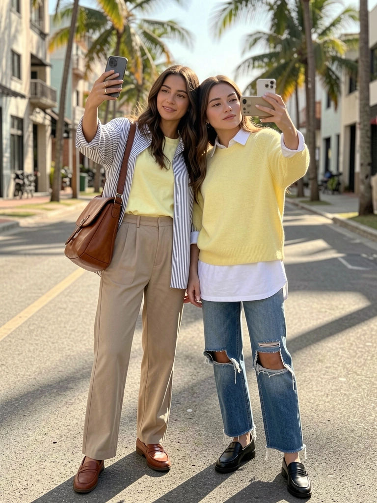 Duas mulheres em uma rua tiram selfies; uma de amarelo e bege, outra de azul e branco; tecidos sobrepostos e jeans com bainha desfiada, luz natural do dia.