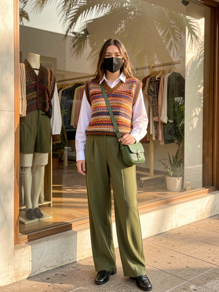 Mulher com colete listrado de tricô grosso, calça verde oliva e sapatos de couro, em frente a vitrine de boutique com luz natural filtrada.