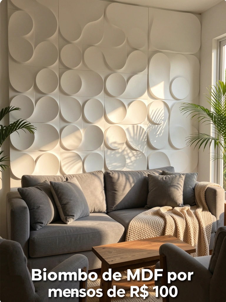 Painel de MDF branco com círculos sobrepostos atrás de sofá cinza, mesa de madeira e luz natural destacando a textura.