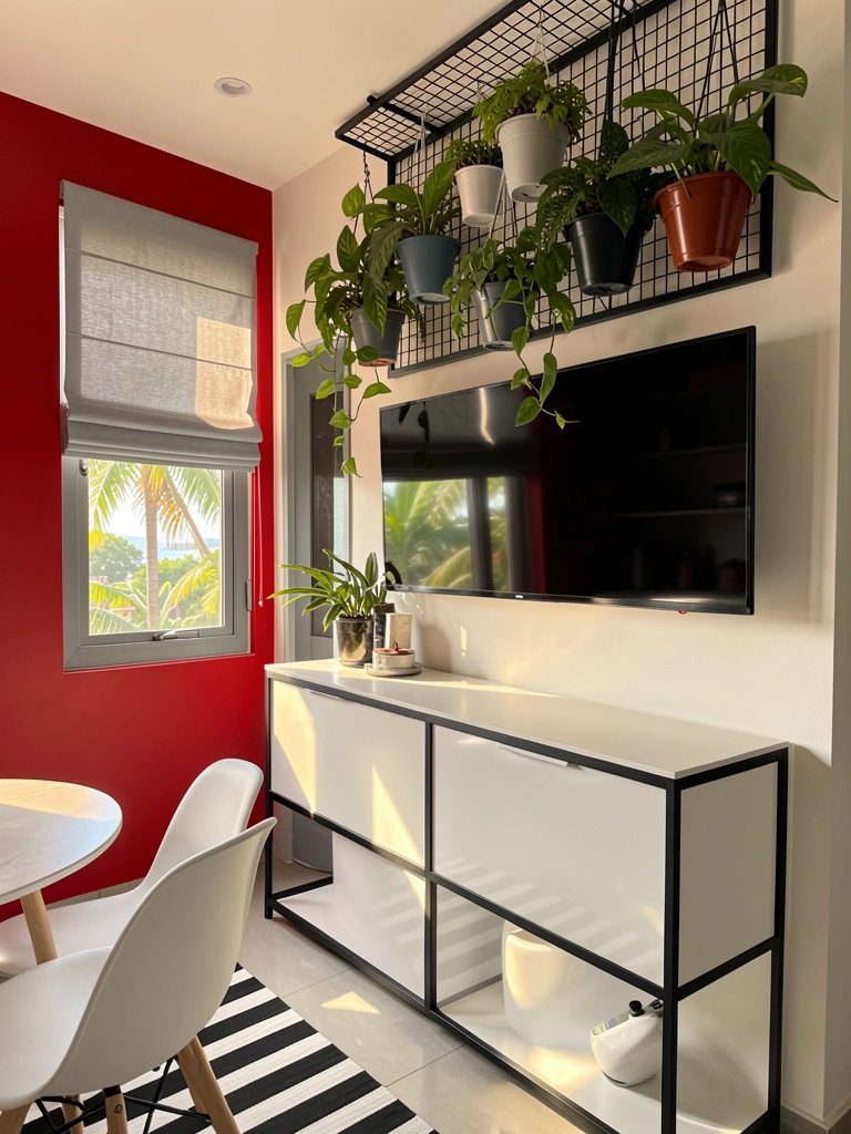 Painel de metal preto com vasos pendentes de plantas verdes sobre aparador branco com estrutura preta, TV preta na parede, parede vermelha à esquerda, cadeira branca e mesa redonda com tapete listrado em primeiro plano, luz natural.