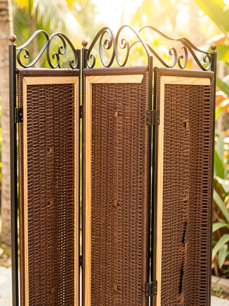 Biombo de três painéis de rattan escuro e madeira clara com moldura preta e detalhes metálicos, luz tropical suave ao fundo.