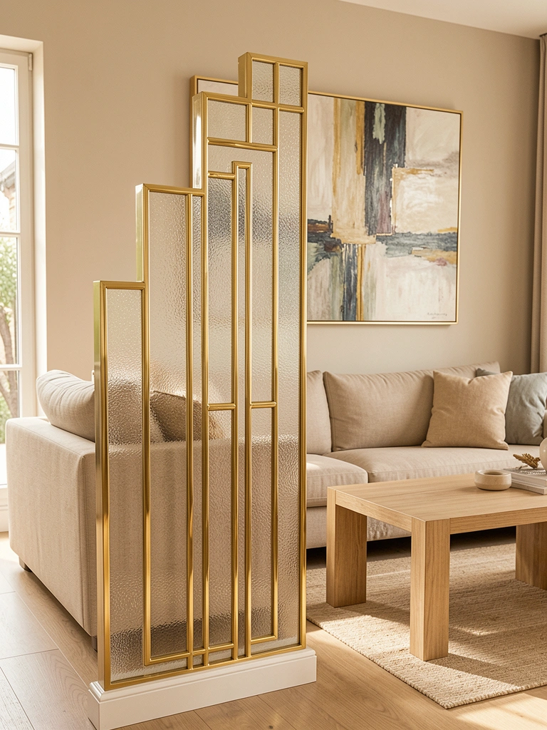 Biombo dourado com vidro texturizado e design geométrico entre sofá bege e mesa de centro, luz natural destaca reflexos.
