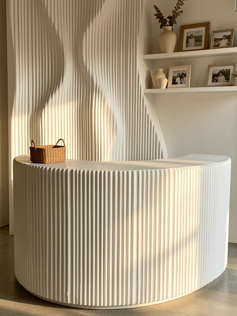 Balcão curvo branco com textura ondulada sob luz natural, parede de painéis verticais e cesto de vime sobre a superfície.