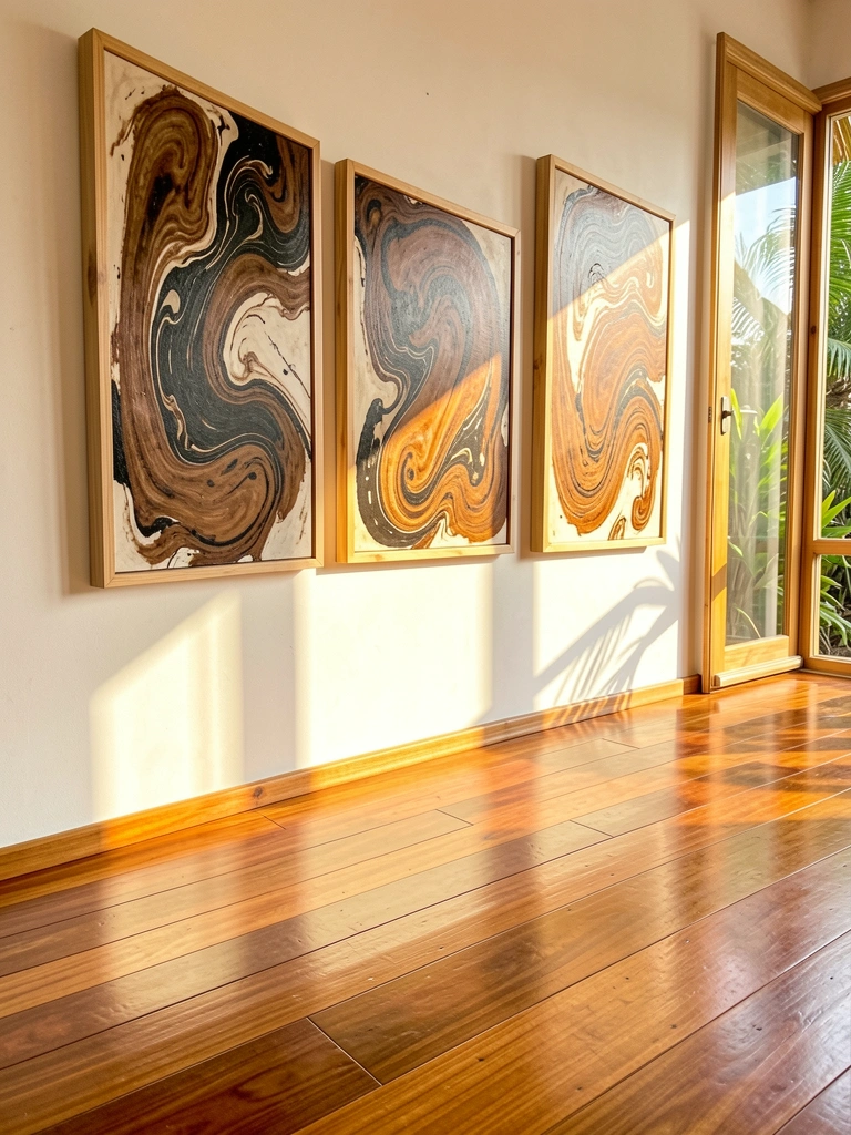 Pinturas abstratas em marrom e preto em molduras claras penduradas em parede com janela e raio de sol no assoalho de madeira polido.