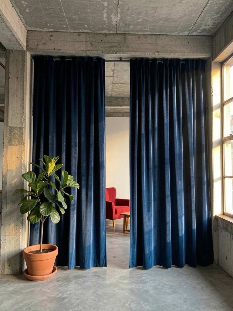 Cortina azul-escura de veludo divide loft industrial com concreto aparente, vaso de terracota à esquerda e poltrona vermelha ao fundo, luz natural lateral.