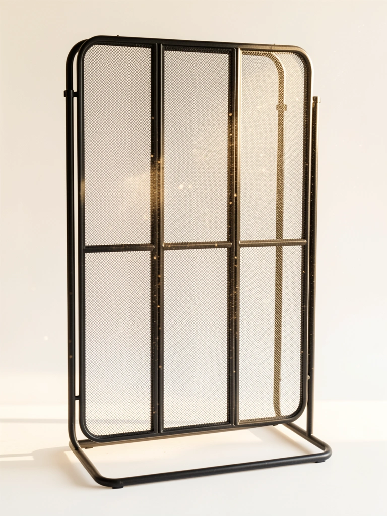 Biombo de malha preta com quatro painéis vazados, luz natural e partículas de poeira suspensas no ar.