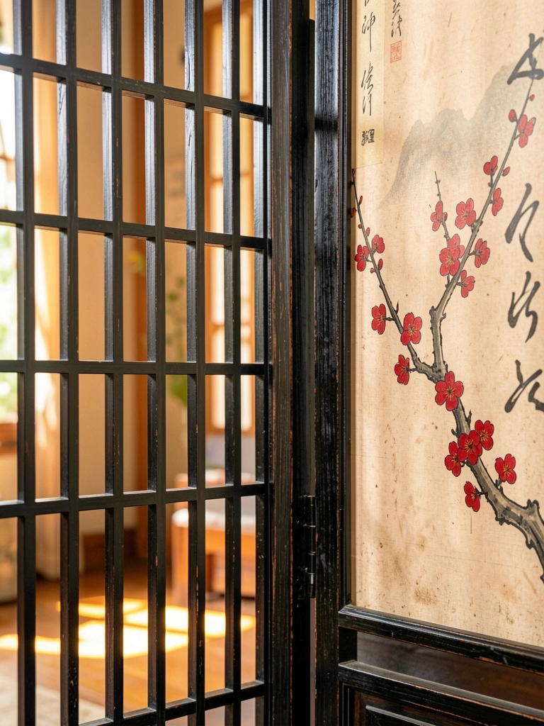 Biombo japonês de madeira escura com detalhes em laca preta e galho de cerejeira vermelha pintado à direita, luz difusa e pergaminho caligráfico ao fundo.